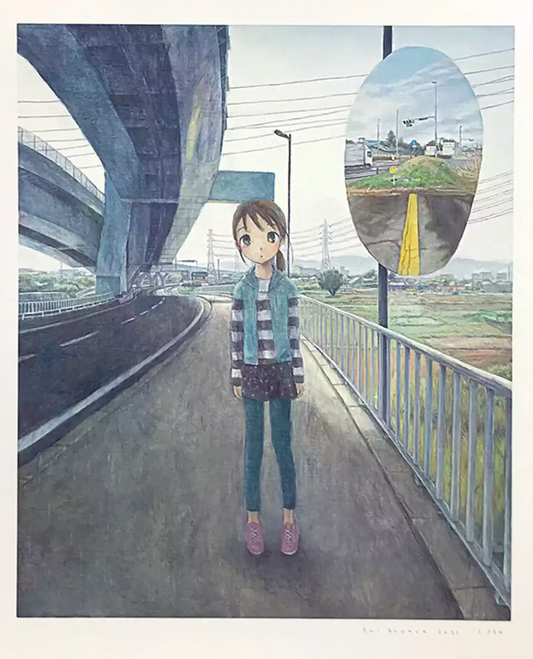 EMI KURAYA Art Prints: A statue of a girl standing under the highway (bypass)