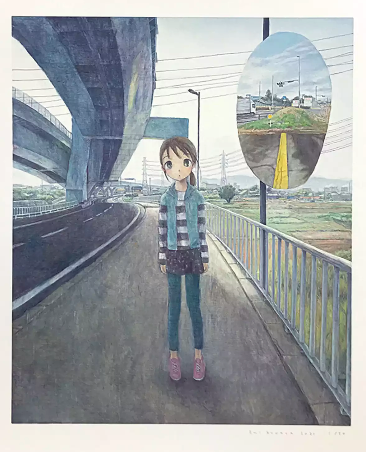 EMI KURAYA Art Prints: A statue of a girl standing under the highway (bypass)